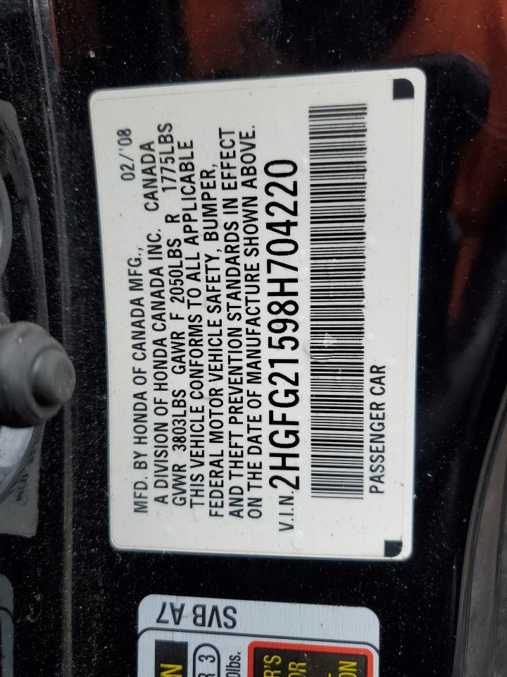 2008 Honda Civic Si VIN: 2HGFG21598H704220 Lot: 91644445