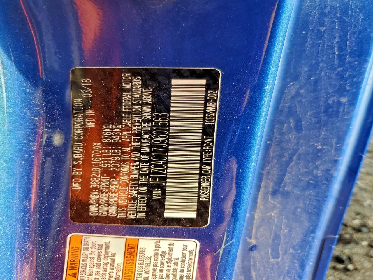 2018 Subaru Brz 2.0 Limited VIN: JF1ZCAC17J9601563 Lot: 93330395