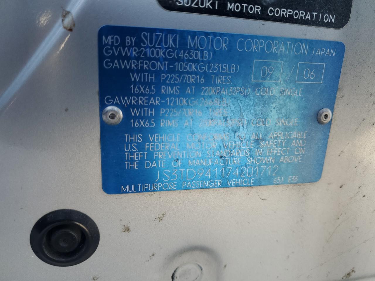 2007 Suzuki Grand Vitara VIN: JS3TD941174201712 Lot: 91730105