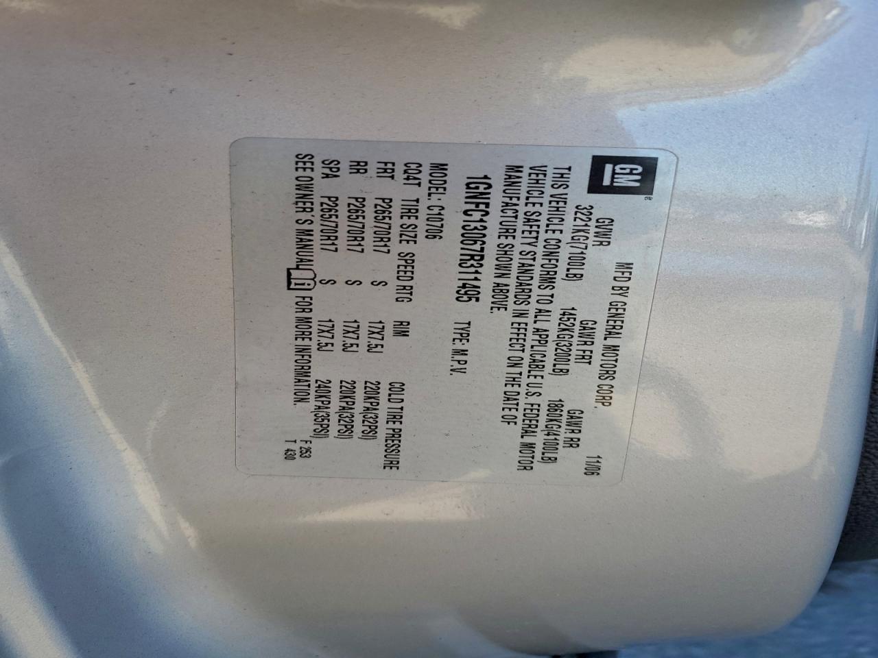 2007 Chevrolet Tahoe C1500 VIN: 1GNFC13067R311495 Lot: 94438425