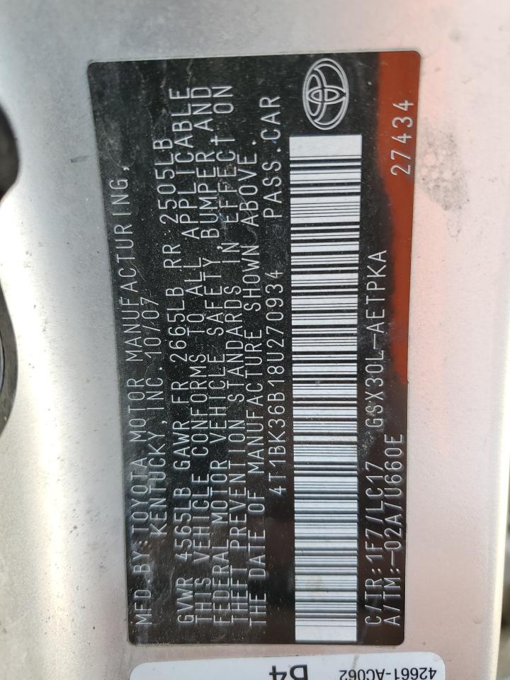 2008 Toyota Avalon Xl VIN: 4T1BK36B18U270934 Lot: 90338235