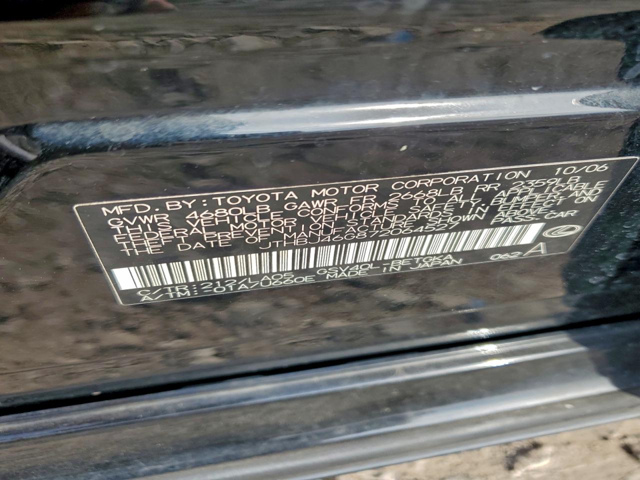 2007 Lexus Es 350 VIN: JTHBJ46G872064527 Lot: 94774805