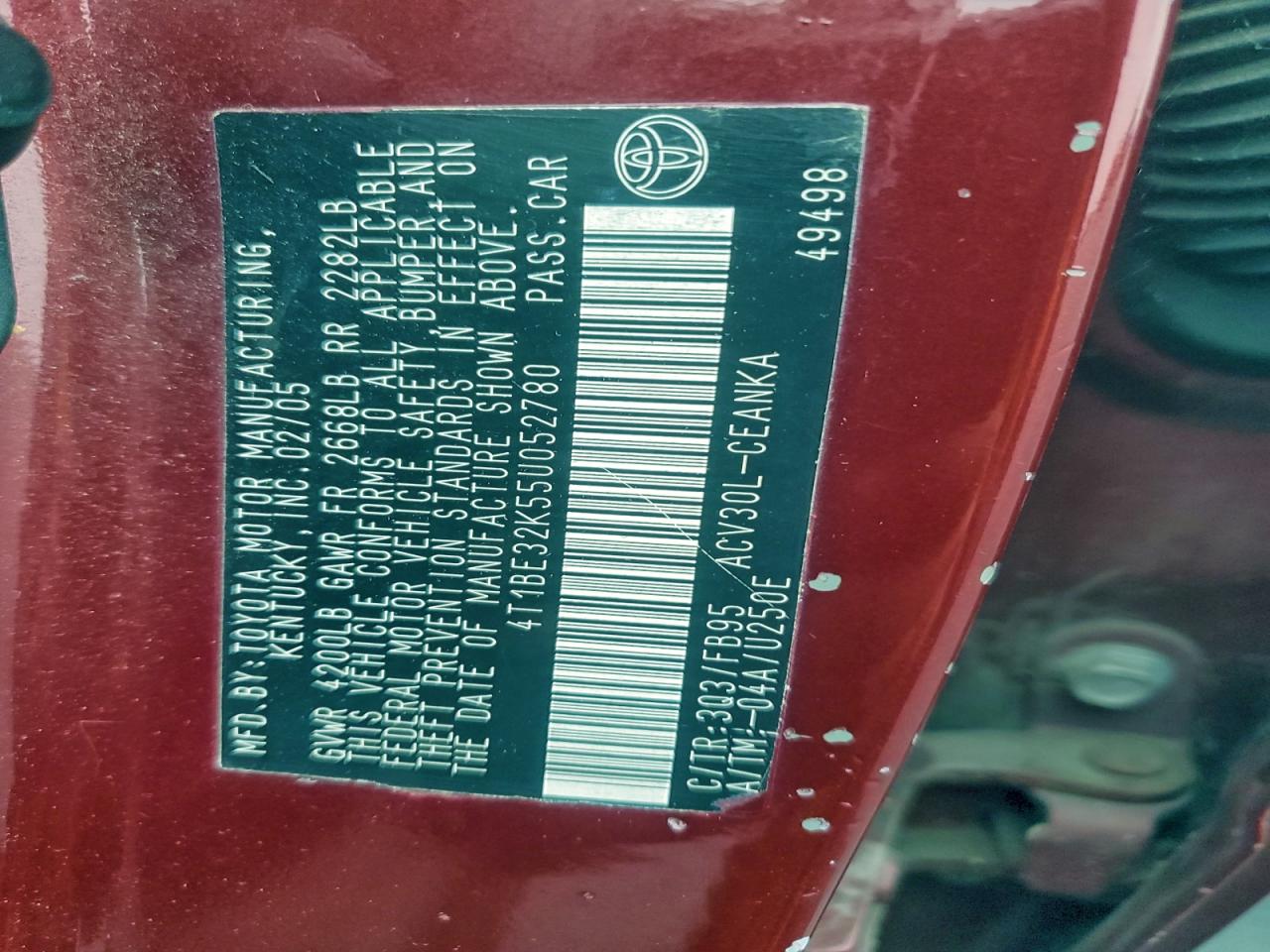 2005 Toyota Camry Le VIN: 4T1BE32K55U052780 Lot: 94189365