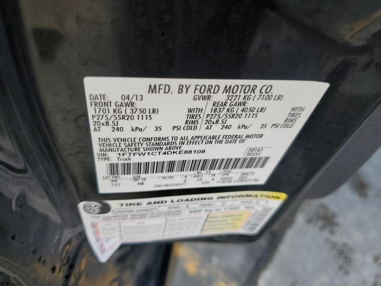 2013 Ford F150 Supercrew VIN: 1FTFW1CT4DKE88108 Lot: 91933005