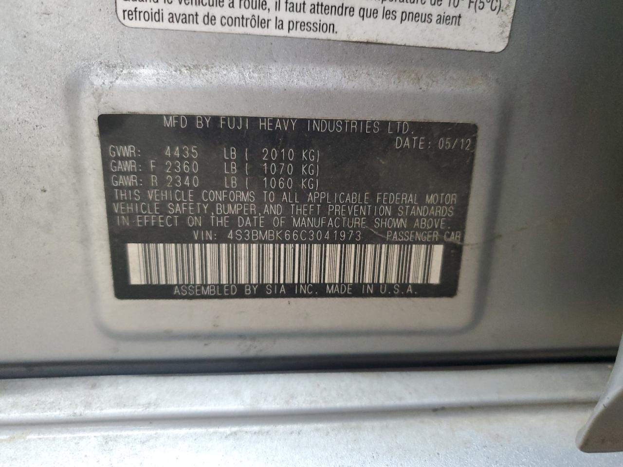 2012 Subaru Legacy 2.5I Limited VIN: 4S3BMBK66C3041973 Lot: 93513755