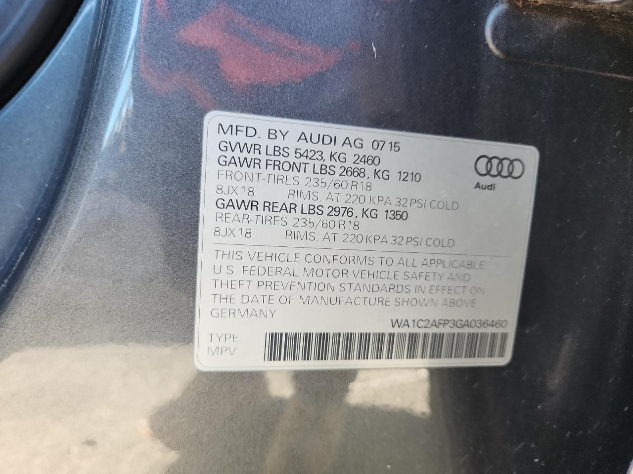 2016 Audi Q5 Premium VIN: WA1C2AFP3GA036460 Lot: 90915155