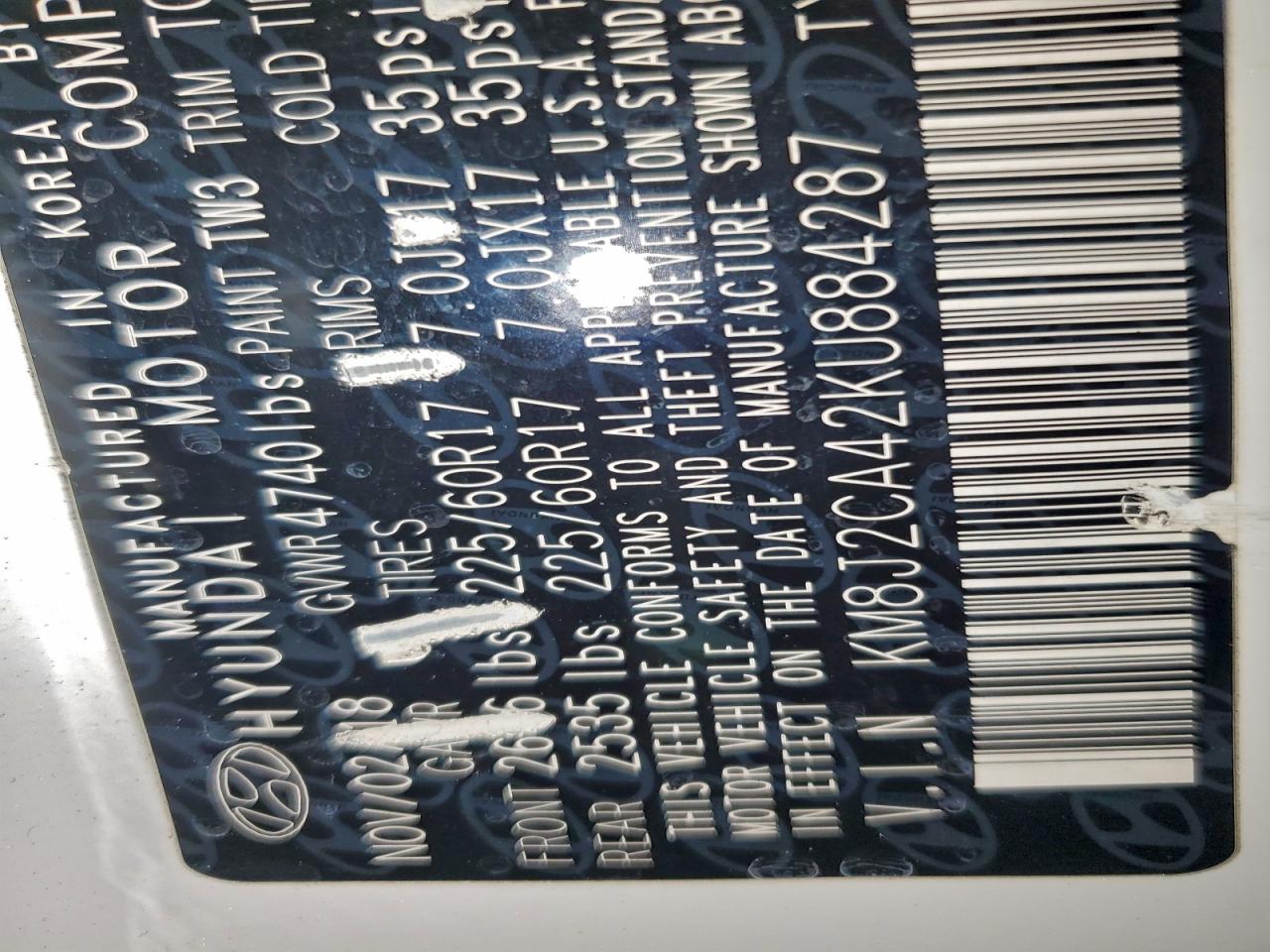 2019 Hyundai Tucson Se VIN: 884287 Lot: 95076615