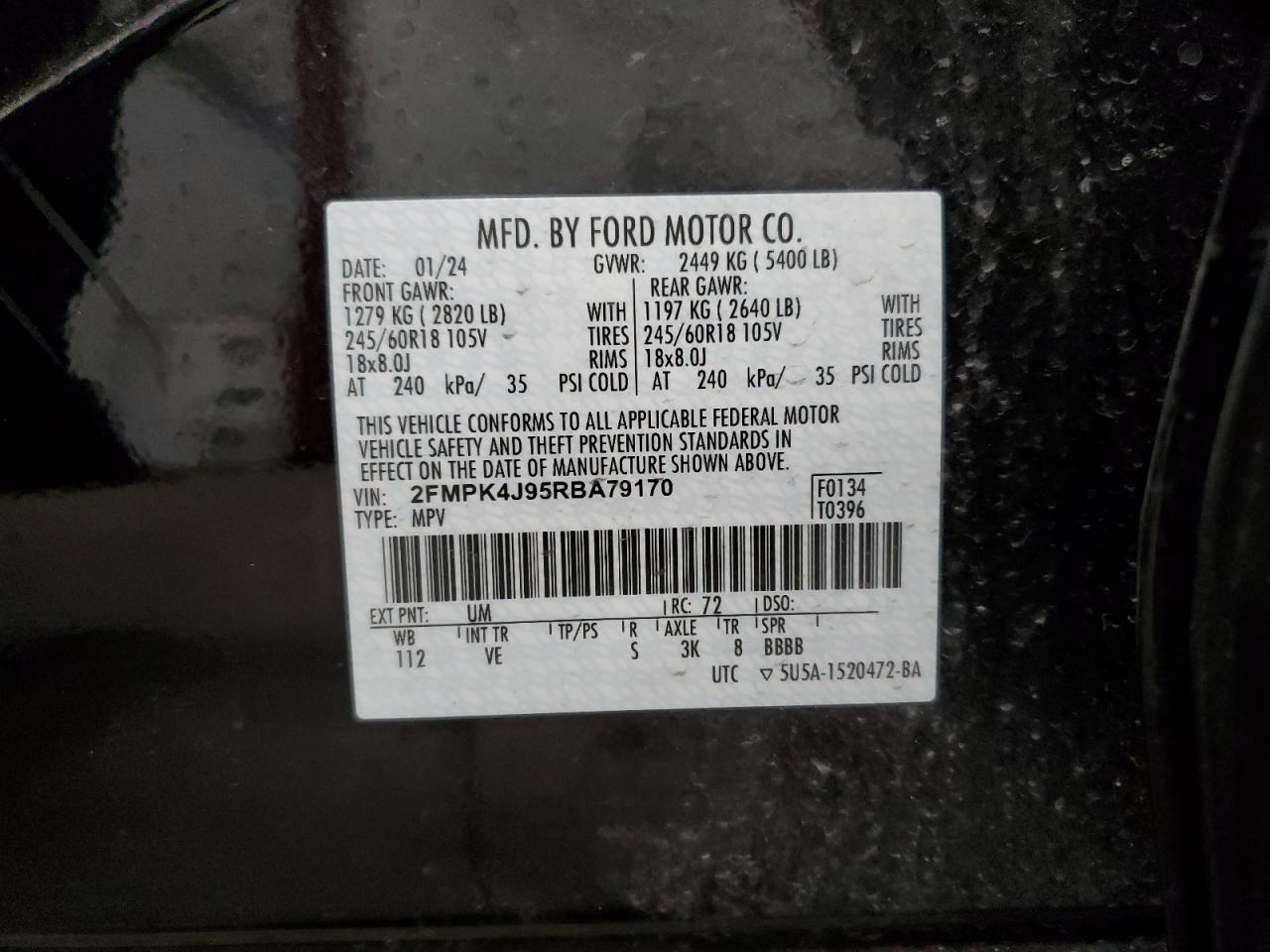 2024 Ford Edge Sel VIN: 2FMPK4J95RBA79170 Lot: 93682725
