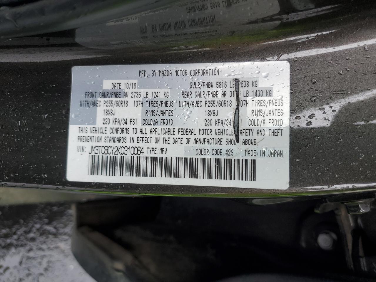 2019 Mazda Cx-9 Touring VIN: JM3TCBCY2K0310064 Lot: 93033785