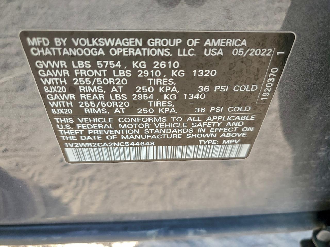 2022 Volkswagen Atlas Se VIN: 1V2WR2CA2NC544648 Lot: 93331345