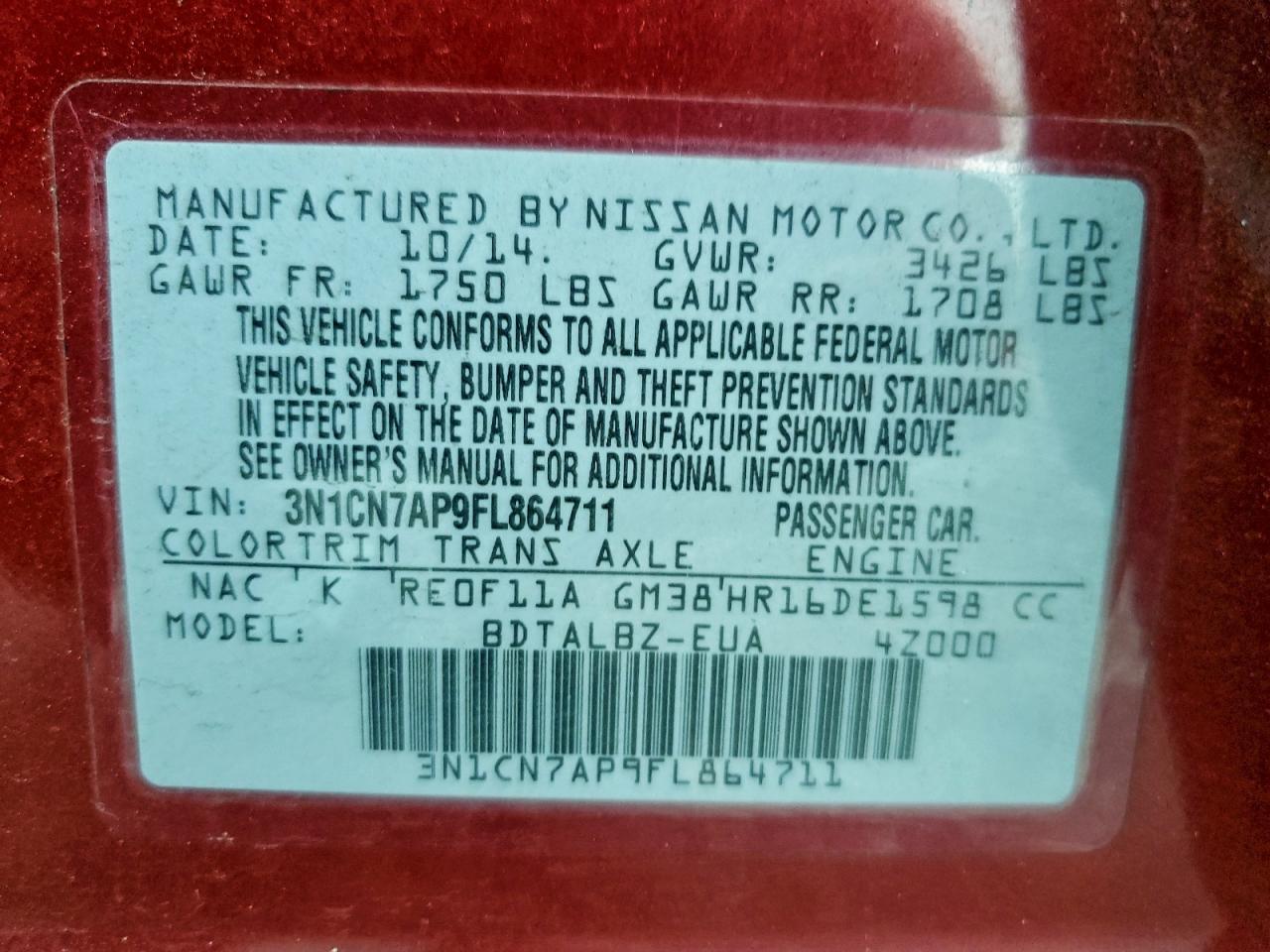 2015 Nissan Versa S VIN: 3N1CN7AP9FL864711 Lot: 93623675