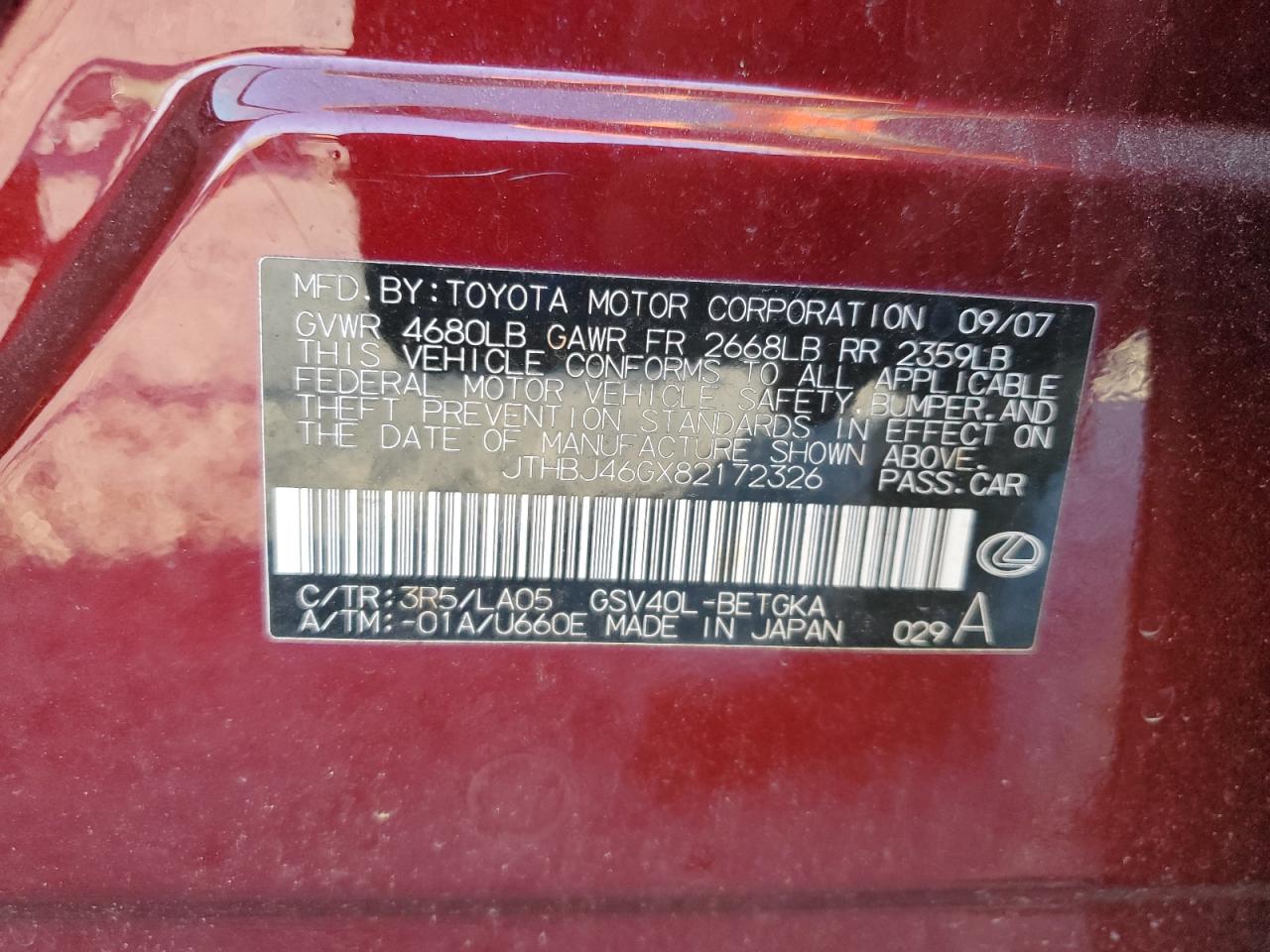 2008 Lexus Es 350 VIN: JTHBJ46GX82172326 Lot: 91288115