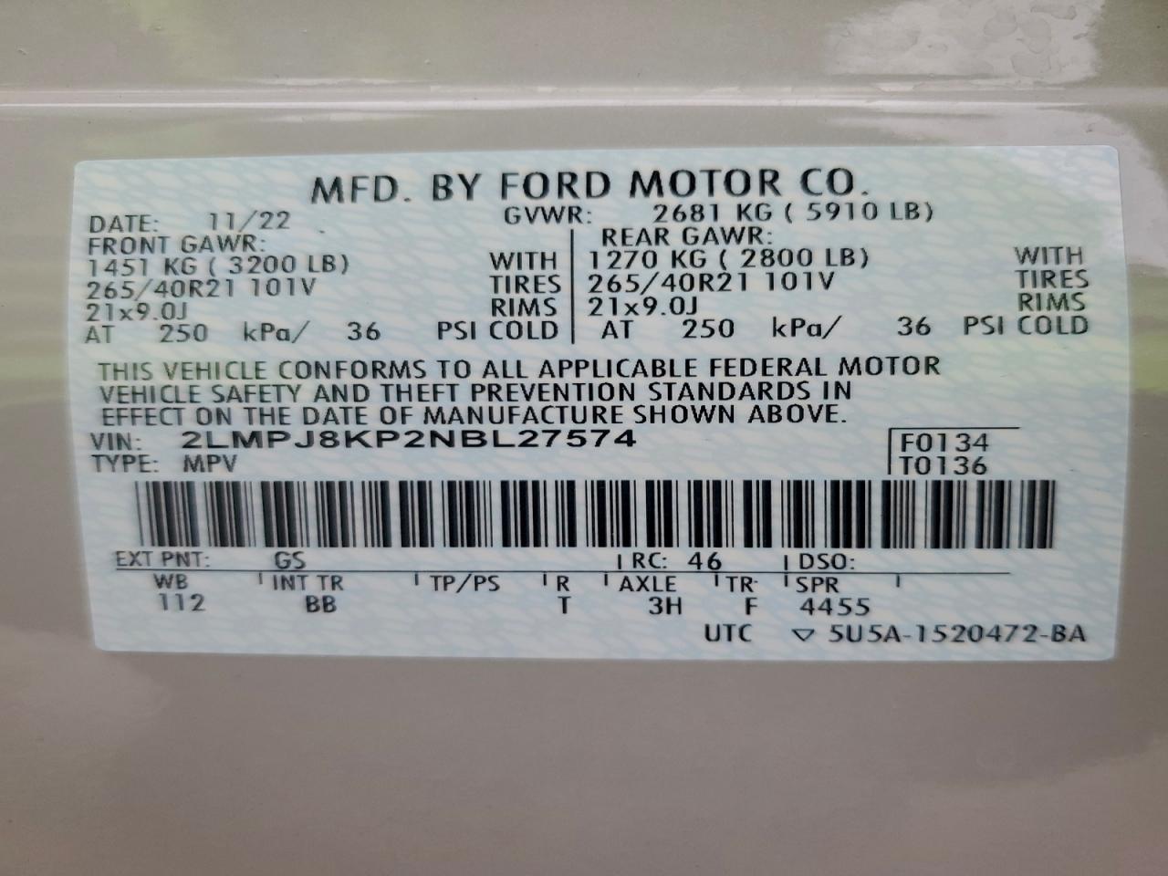 2022 Lincoln Nautilus Reserve VIN: 2LMPJ8KP2NBL27574 Lot: 94062395