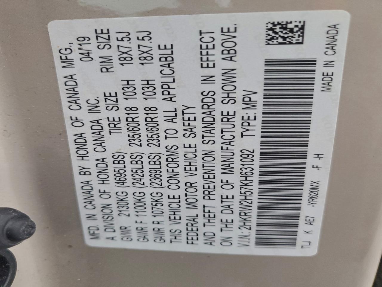 2019 Honda Cr-V Ex VIN: 2HKRW2H57KH631092 Lot: 94105965