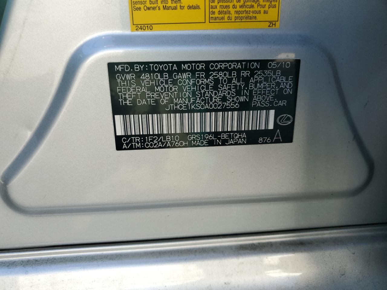 2010 Lexus Gs 350 VIN: JTHCE1KS0A0027556 Lot: 92125285