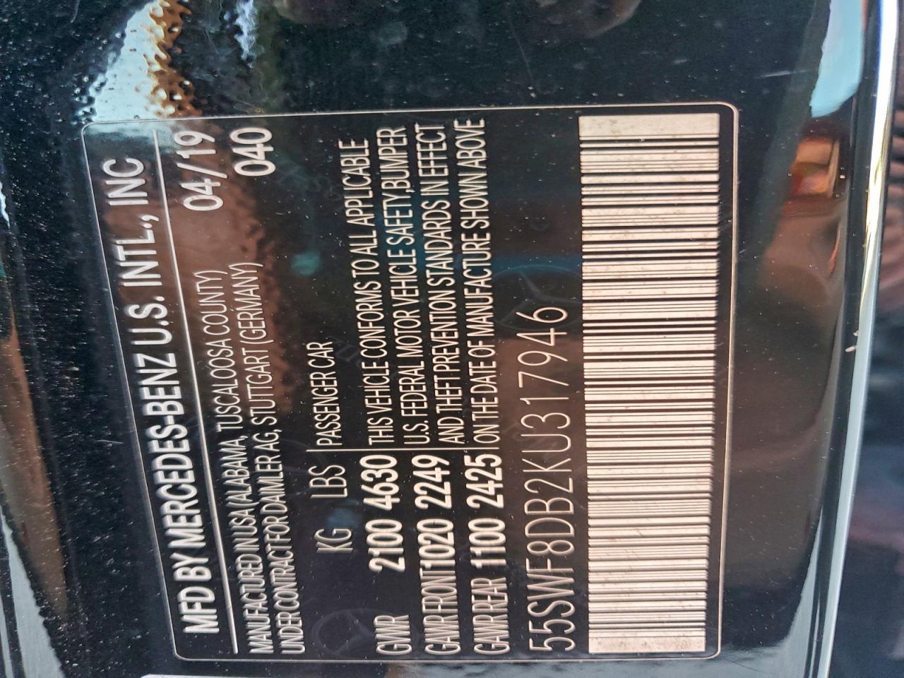 2019 Mercedes-Benz C 300 VIN: 55SWF8DB2KU317946 Lot: 94065255