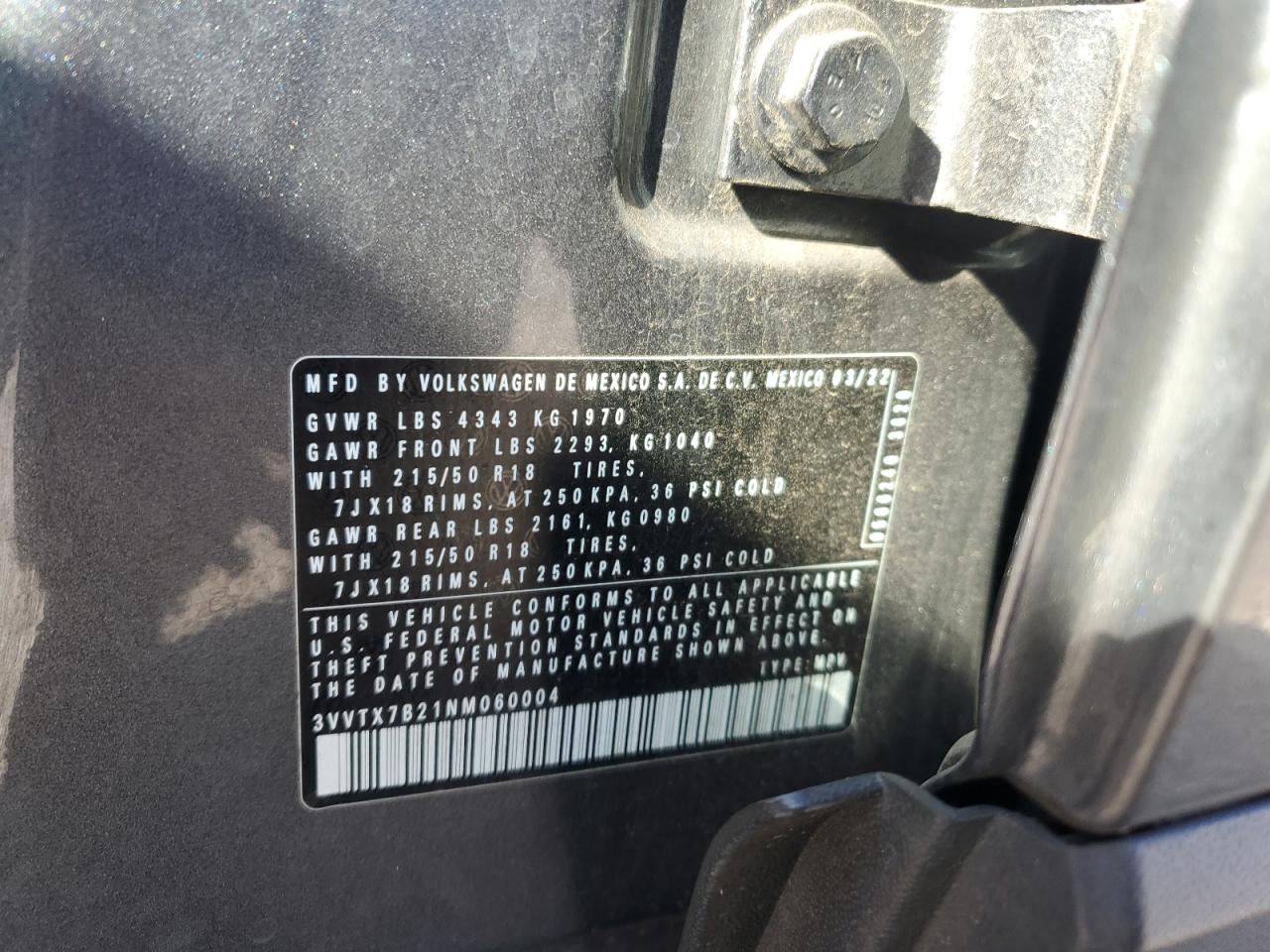 2022 Volkswagen Taos Se VIN: 3VVTX7B21NM060004 Lot: 92204625