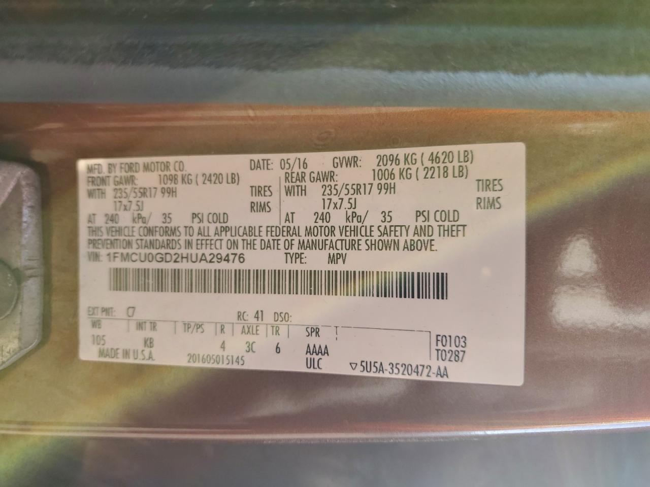 2017 Ford Escape Se VIN: 1FMCU0GD2HUA29476 Lot: 93367295