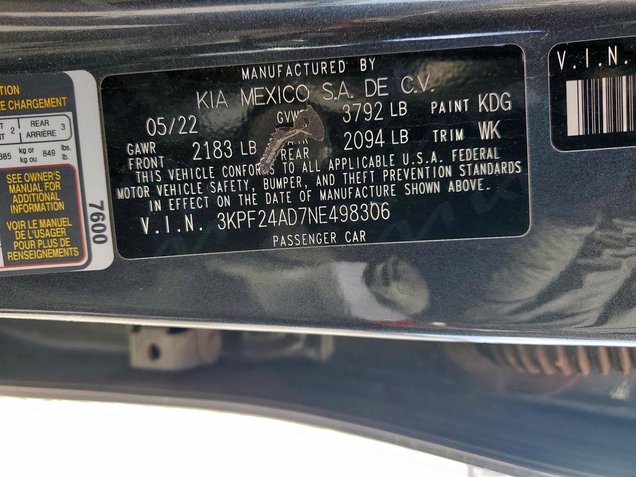 2022 Kia Forte Fe VIN: 3KPF24AD7NE498306 Lot: 92692215