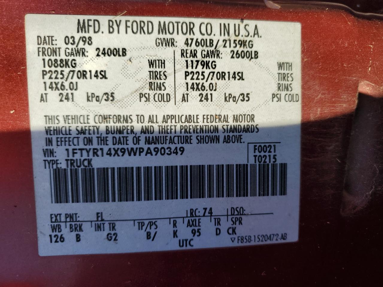 1998 Ford Ranger Super Cab VIN: 1FTYR14X9WPA90349 Lot: 91353245