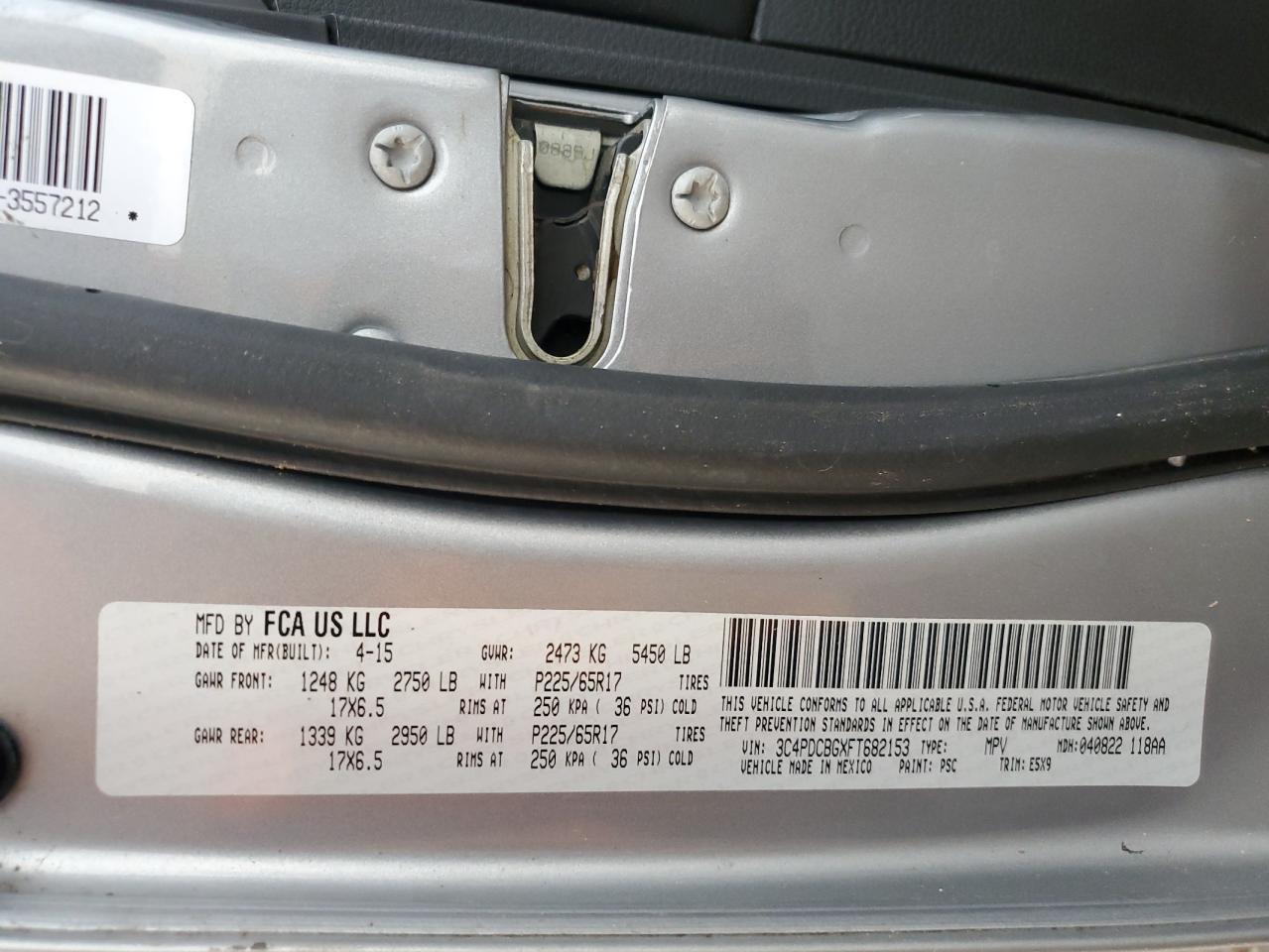 2015 Dodge Journey Sxt VIN: 3C4PDCBGXFT682153 Lot: 93641585