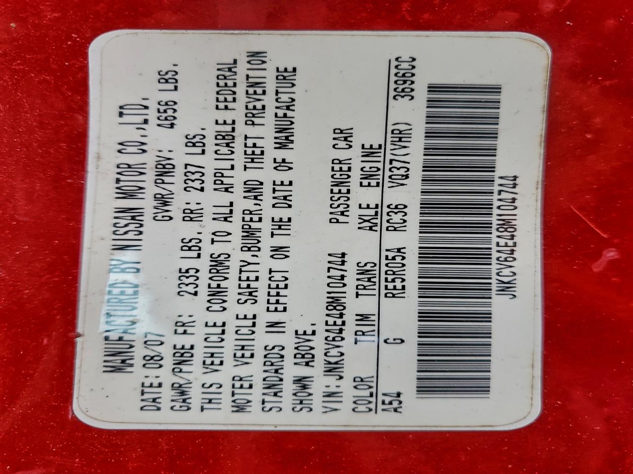 2008 Infiniti G37 Base VIN: JNKCV64E48M104744 Lot: 92763155