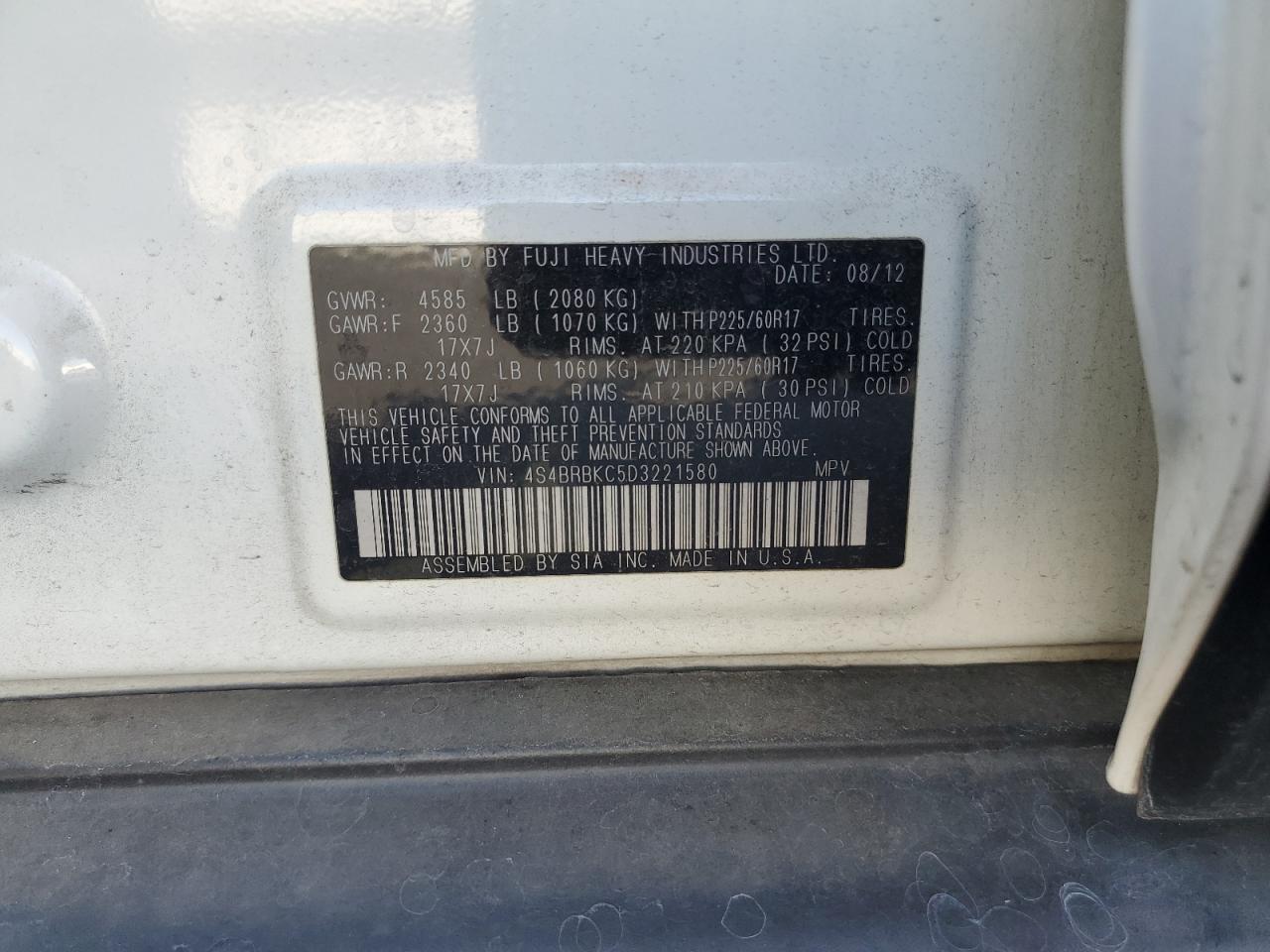 2013 Subaru Outback 2.5I Limited VIN: 4S4BRBKC5D3221580 Lot: 92925295