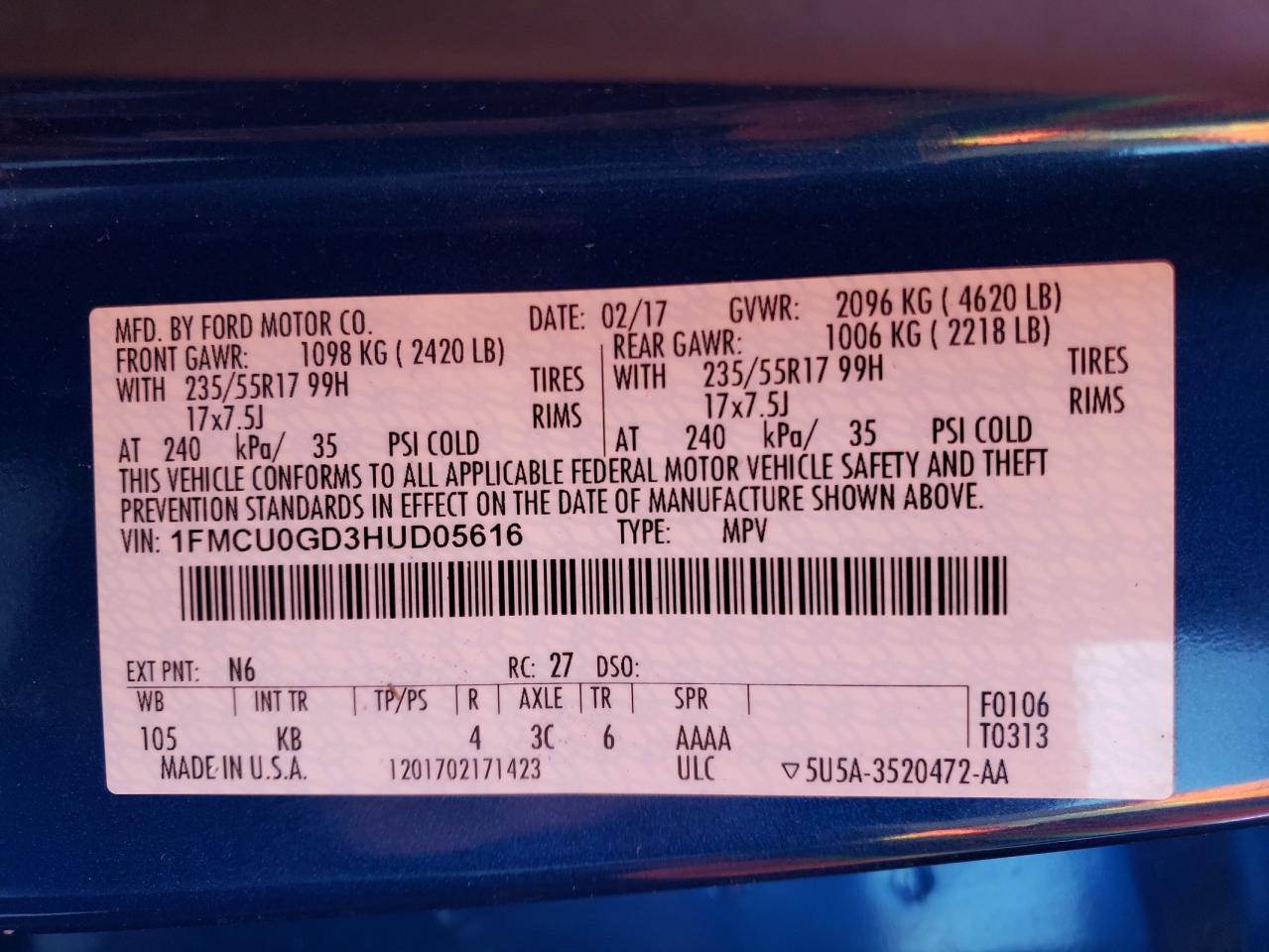 2017 Ford Escape Se VIN: 1FMCU0GD3HUD05616 Lot: 92516755