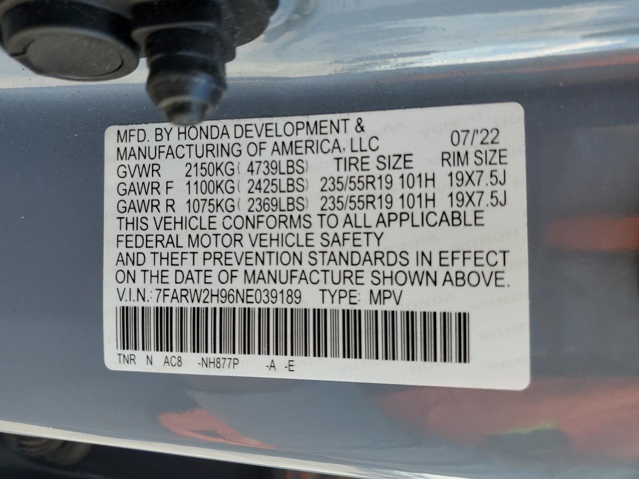 2022 Honda Cr-V Touring VIN: 7FARW2H96NE039189 Lot: 91917705