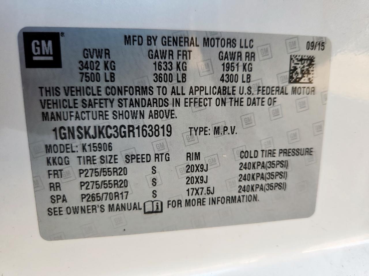 2016 Chevrolet Suburban K1500 Ltz VIN: 1GNSKJKC3GR163819 Lot: 92708435