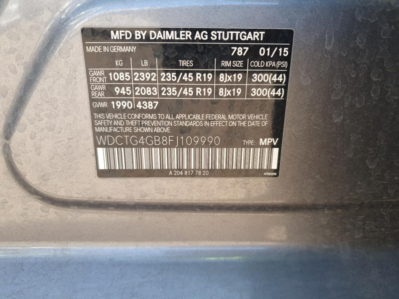 2015 Mercedes-Benz Gla 250 4Matic VIN: WDCTG4GB8FJ109990 Lot: 93638355