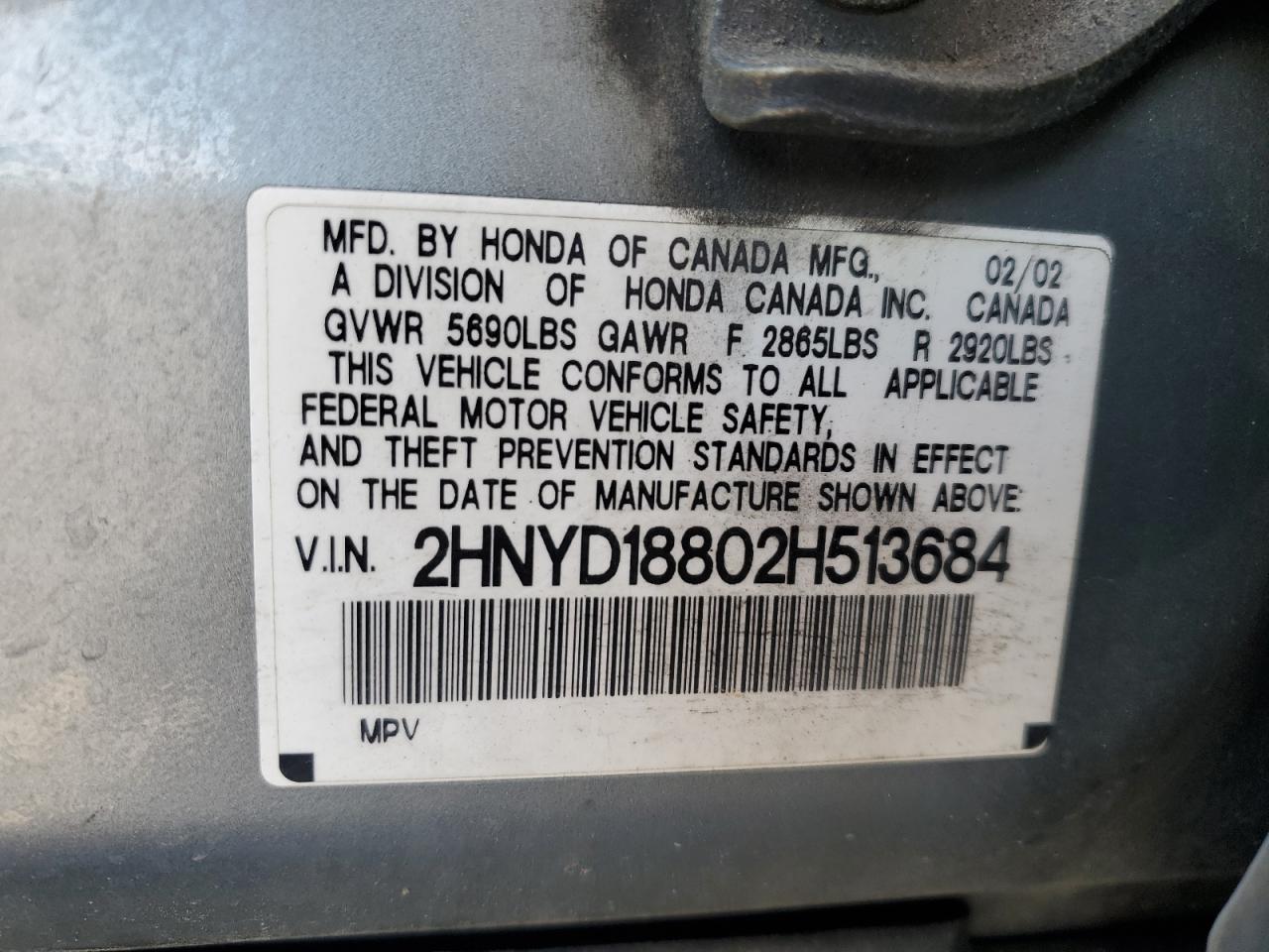 2002 Acura Mdx Touring VIN: 2HNYD18802H513684 Lot: 90575555