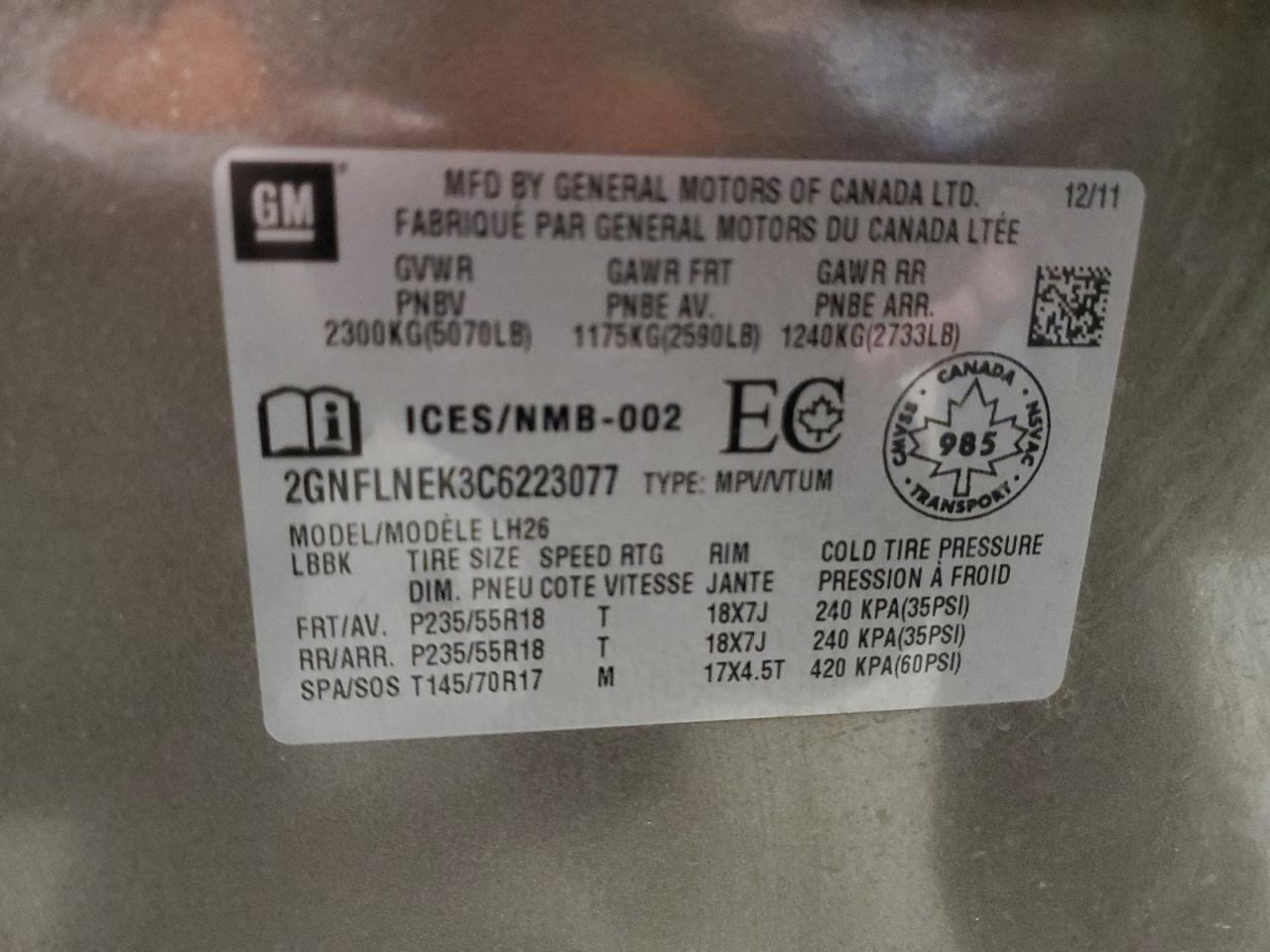 2012 Chevrolet Equinox Lt VIN: 2GNFLNEK3C6223077 Lot: 91269715