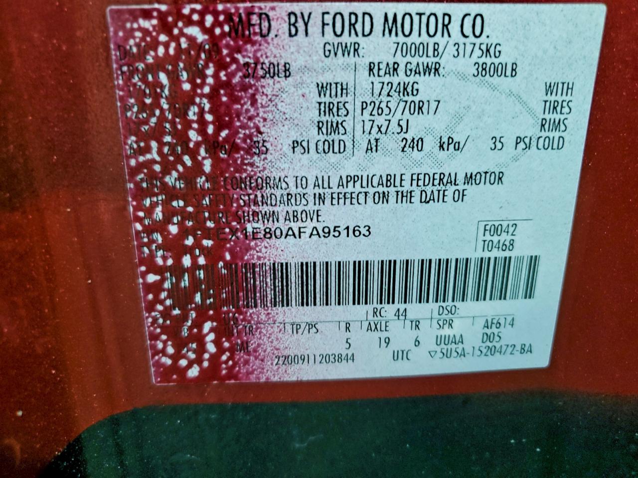 2010 Ford F150 Super Cab VIN: 1FTEX1E80AFA95163 Lot: 93844705