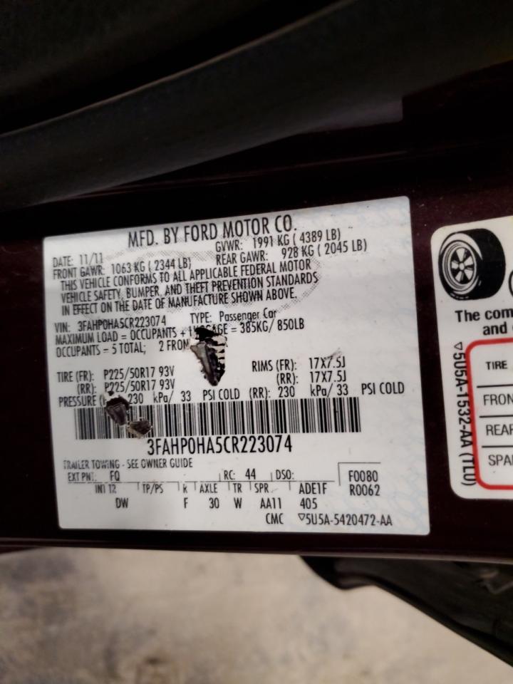 2012 Ford Fusion Se VIN: 3FAHP0HA5CR223074 Lot: 91920395