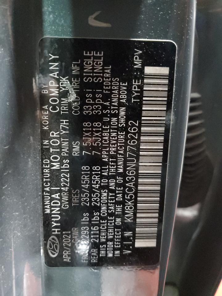2022 Hyundai Kona Limited VIN: KM8K5CA36NU776262 Lot: 91266175