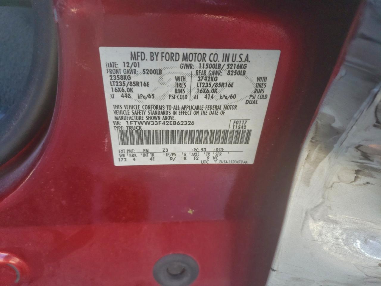 2002 Ford F350 Super Duty VIN: 1FTWW33F42EB62326 Lot: 93606755