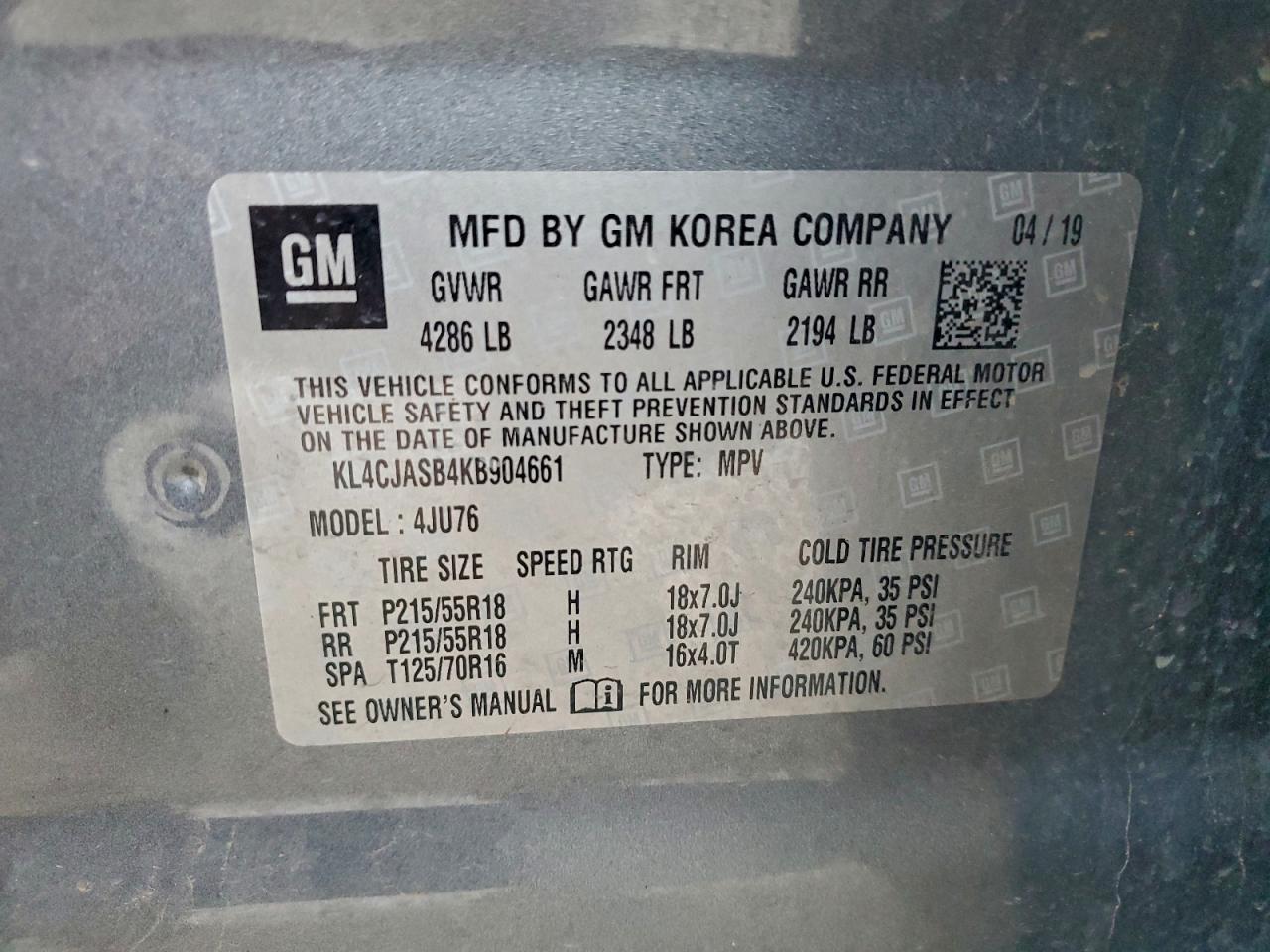 2019 Buick Encore Preferred VIN: KL4CJASB4KB904661 Lot: 93254235