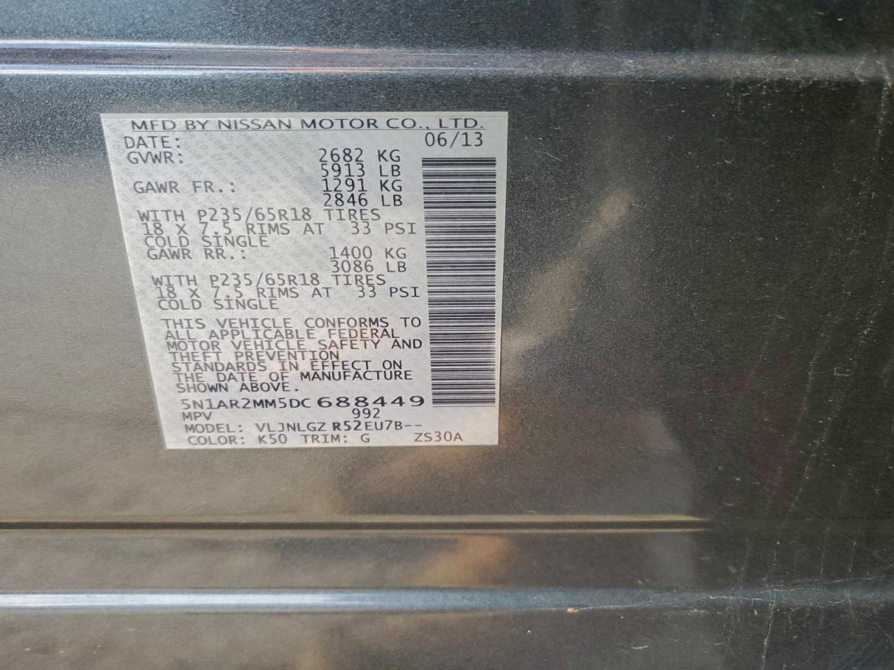 2013 Nissan Pathfinder S VIN: 5N1AR2MM5DC688449 Lot: 94523605