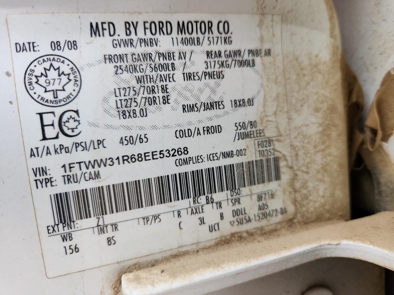 2008 Ford F350 Srw Super Duty VIN: 1FTWW31R68EE53268 Lot: 93470405