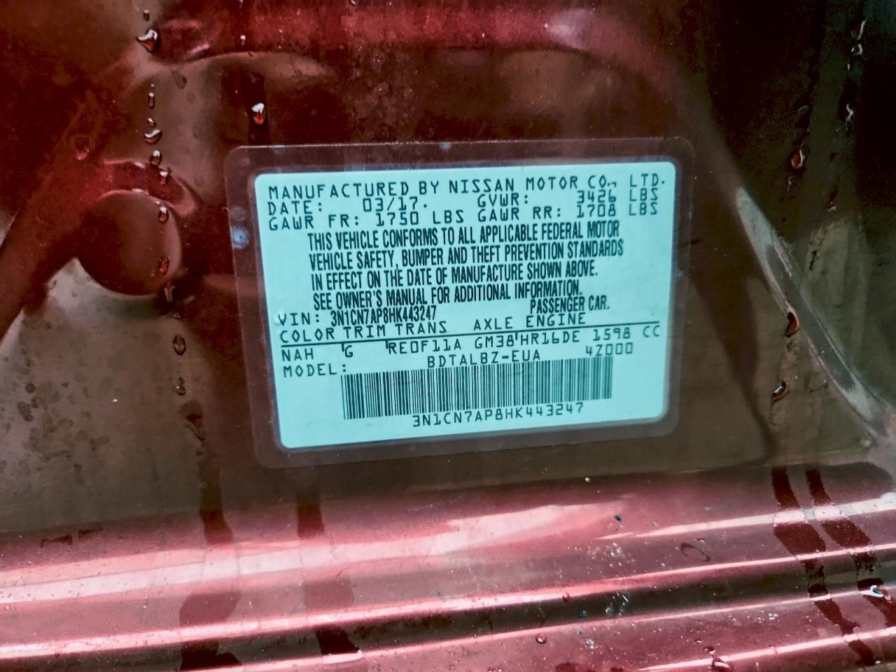 2017 Nissan Versa S VIN: 3N1CN7AP8HK443247 Lot: 94289865