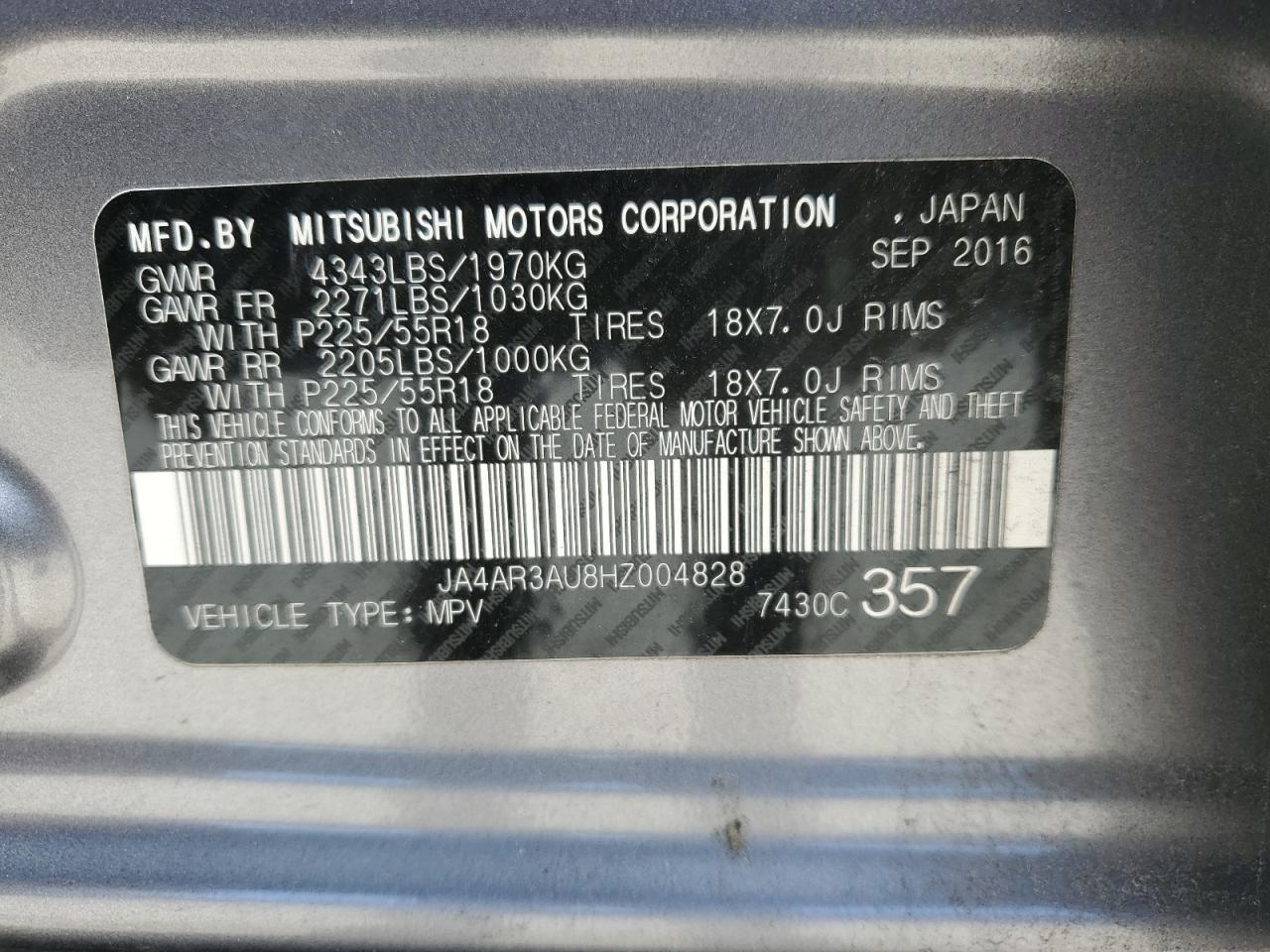 2017 Mitsubishi Outlander Sport Es VIN: JA4AR3AU8HZ004828 Lot: 90307835