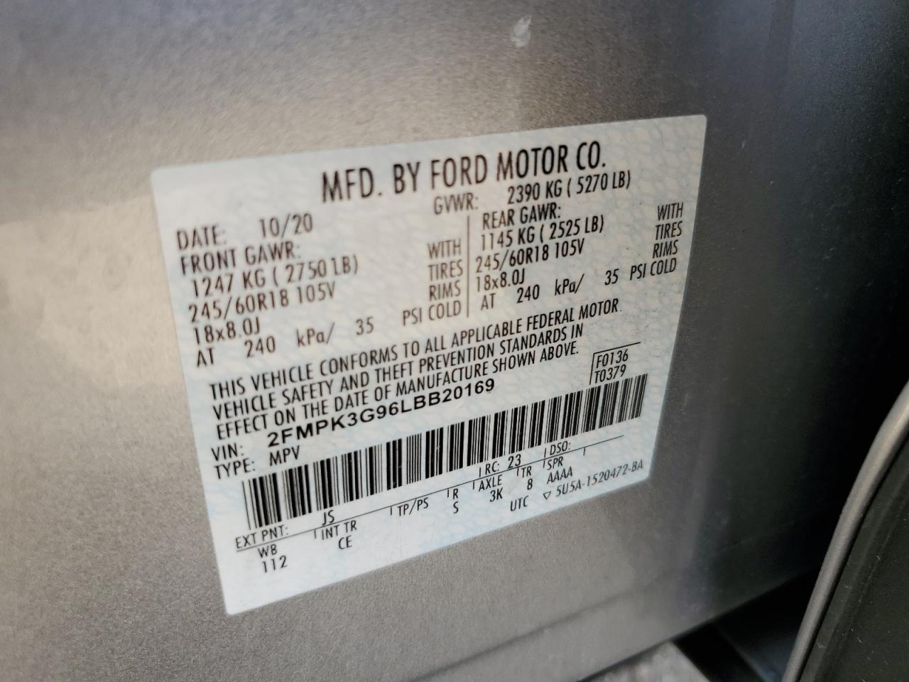 2020 Ford Edge Se VIN: 2FMPK3G96LBB20169 Lot: 93482395