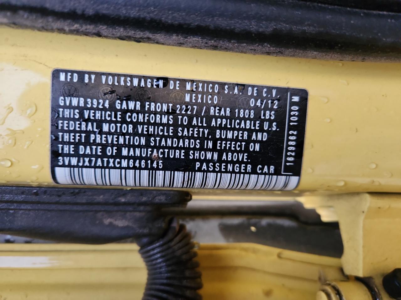 2012 Volkswagen Beetle VIN: 3VWJX7ATXCM646145 Lot: 93268755