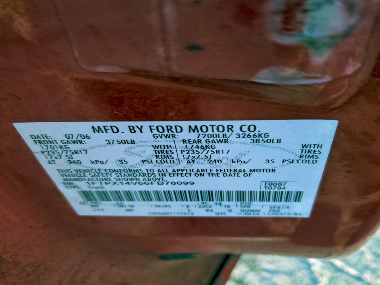 2006 Ford F150 VIN: 1FTPX14V66FB78099 Lot: 93812375