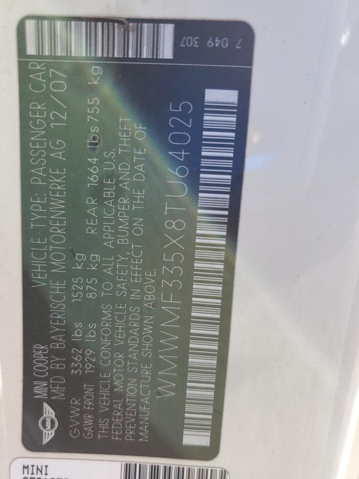 2008 Mini Cooper VIN: WMWMF335X8TU64025 Lot: 92147285
