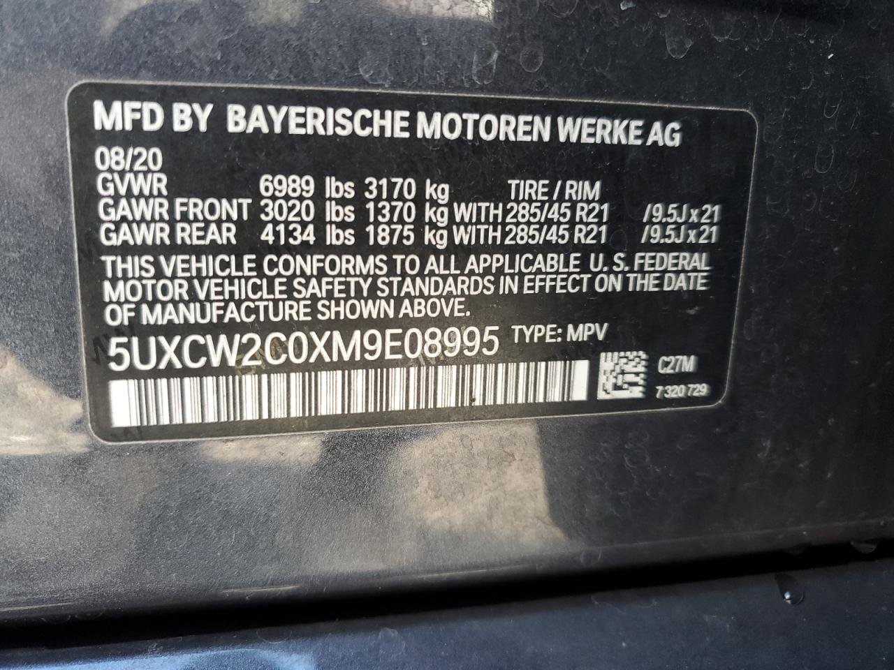 2021 BMW X7 xDrive40I VIN: 5UXCW2C0XM9E08995 Lot: 91586145