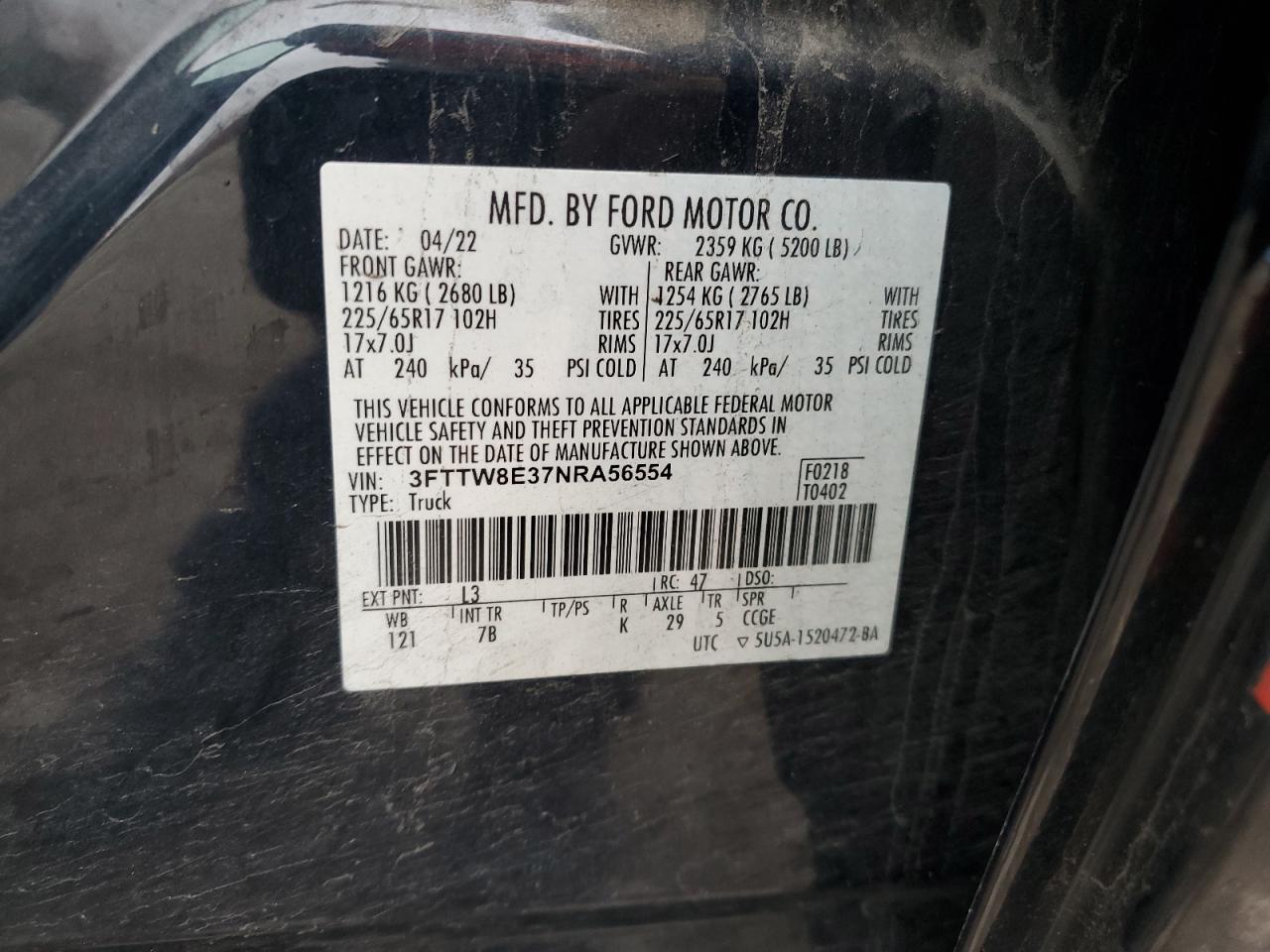 2022 Ford Maverick Xl VIN: 3FTTW8E37NRA56554 Lot: 93694405