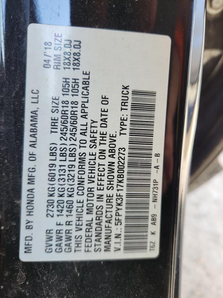 2019 Honda Ridgeline Sport VIN: 5FPYK3F17KB002273 Lot: 92781825