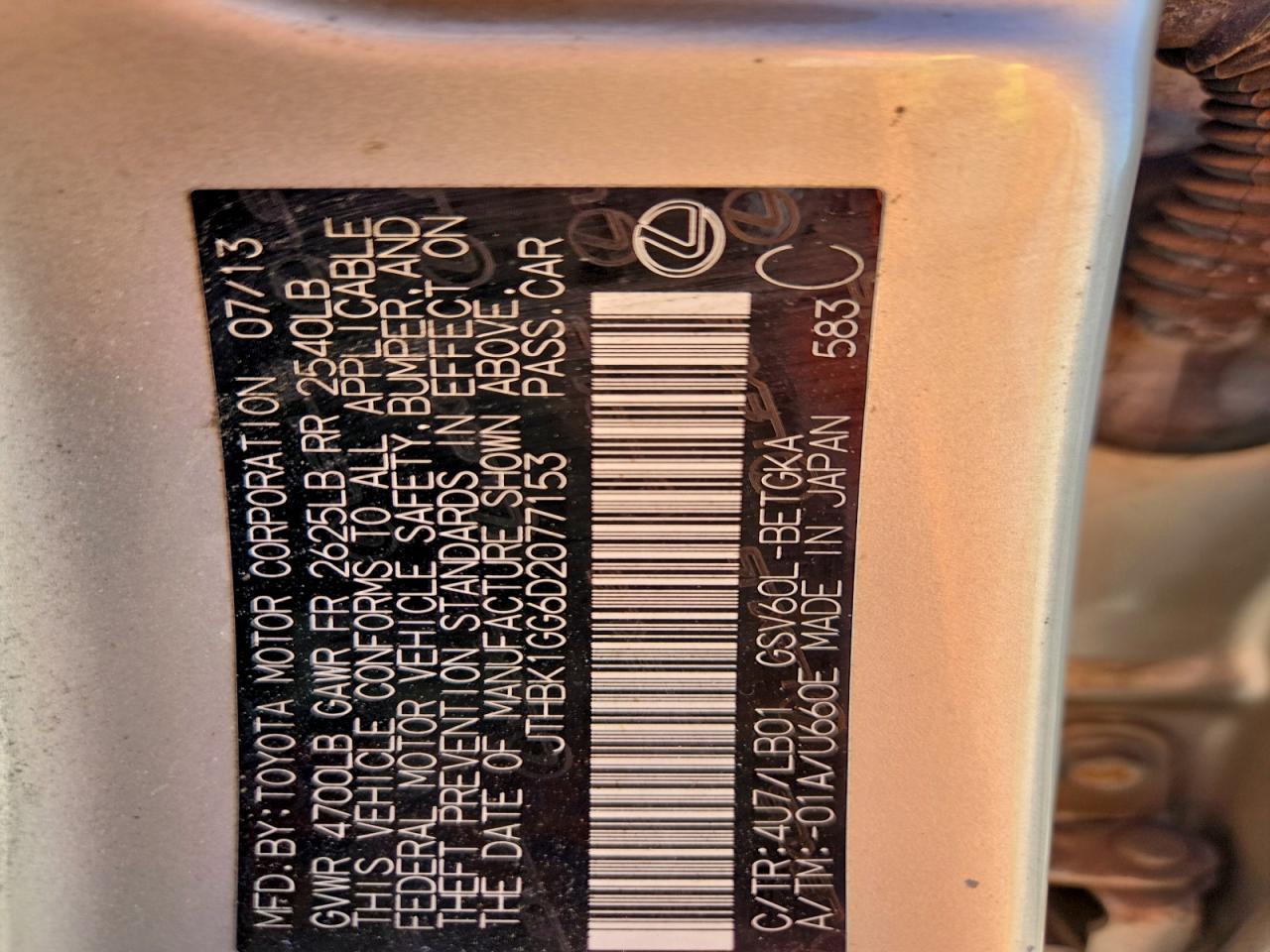 2013 Lexus Es 350 VIN: JTHBK1GG6D2077153 Lot: 93753585